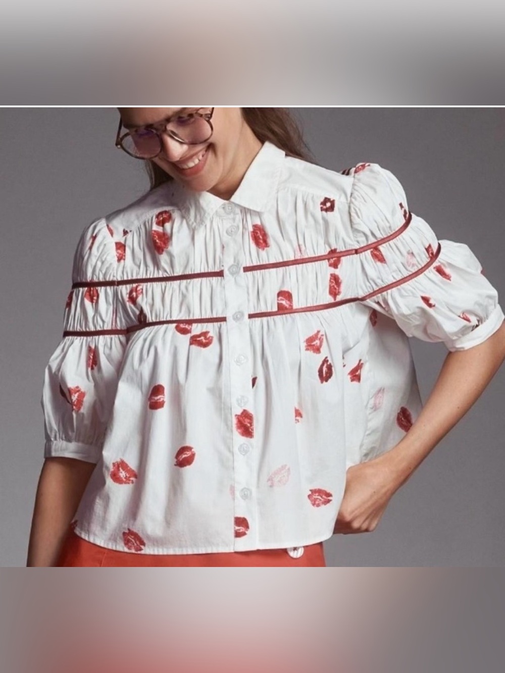 Anthropologie Maeve The Leandra Flocked Shirred Yoke Blouse MP